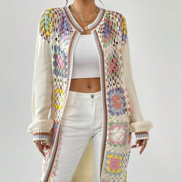 Multicolor Casual Womens Geo Pattern Drop Shoulder Open Front Cardigan - Picture 3 of 5